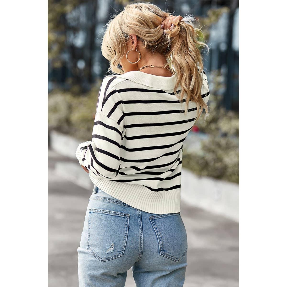 SMALL - Striped V-Neck Long Sleeve in Black and Cream