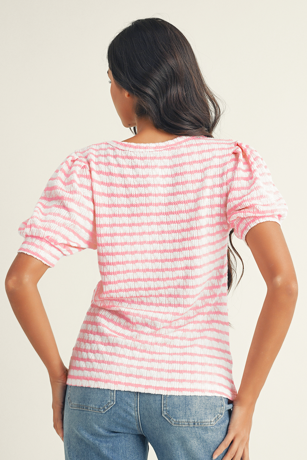 Textured Puff Sleeve Top in Pink