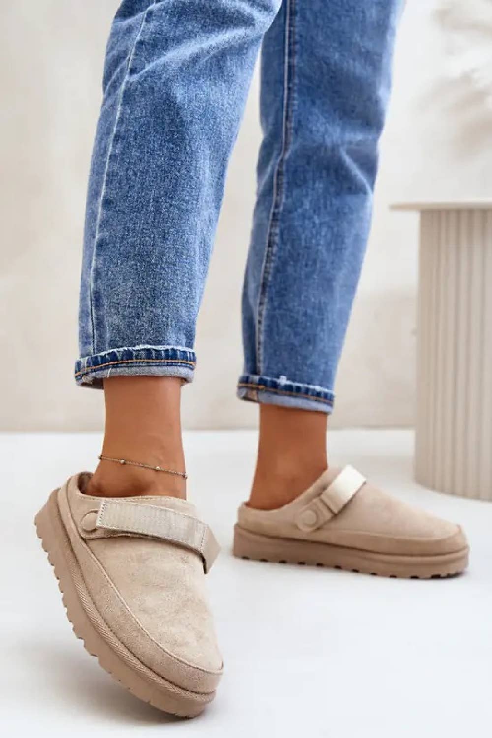 Faux Fur Lined Slip on Mules in Beige