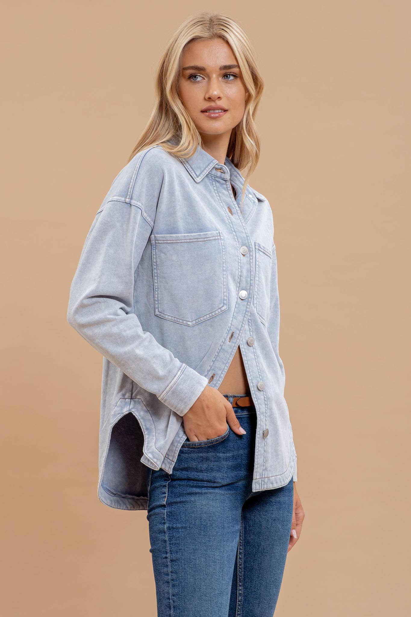 Button Down Shacket in Light Chambray