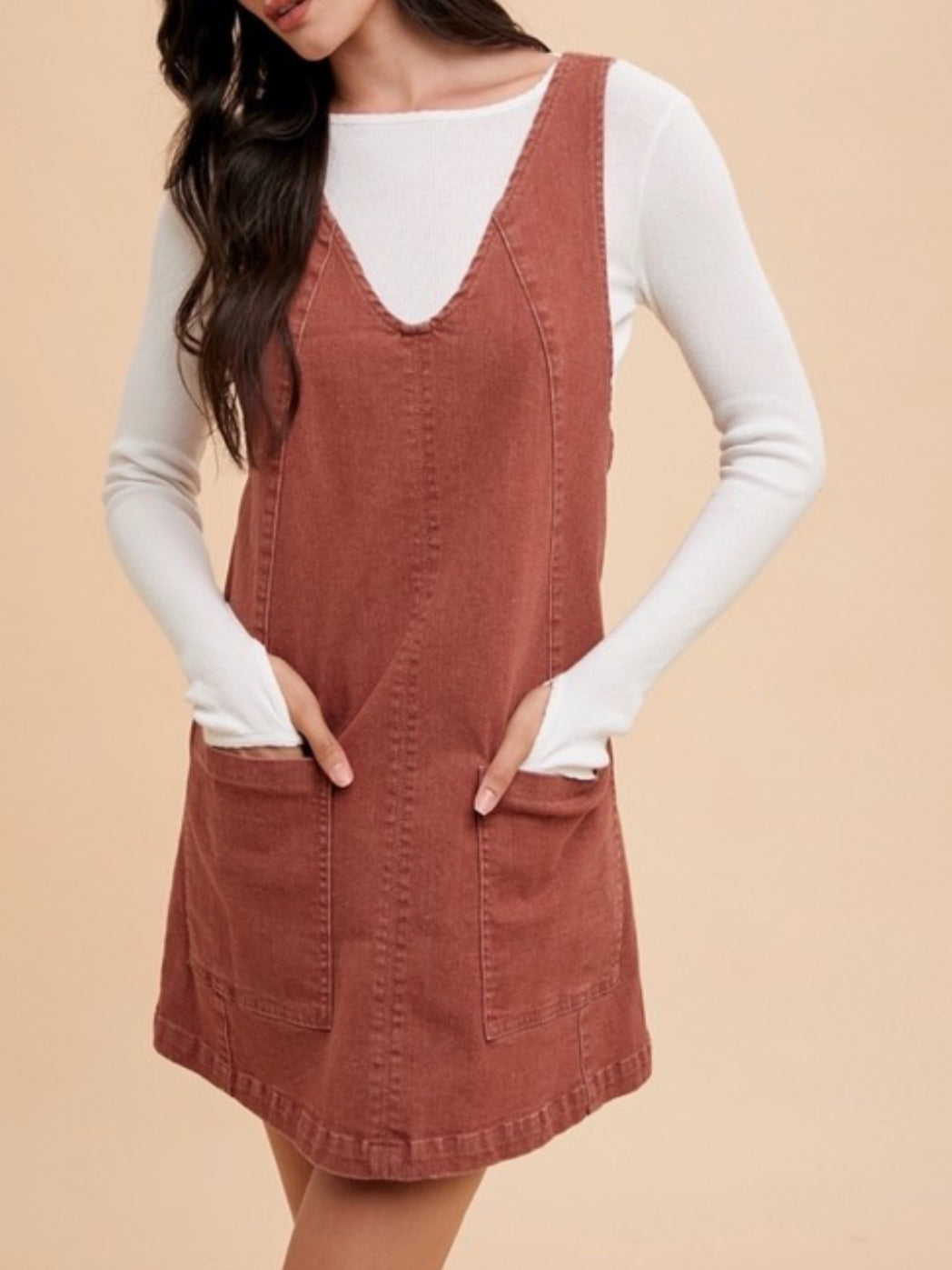 Denim Jumper Dress in Brick