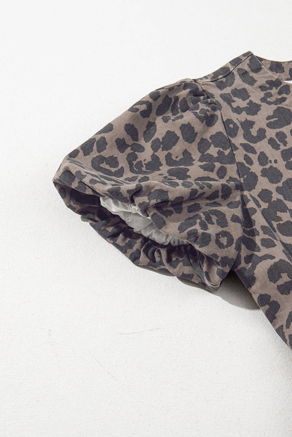 PREORDER - Denim Leopard Puff Sleeve Mini Dress in Brown