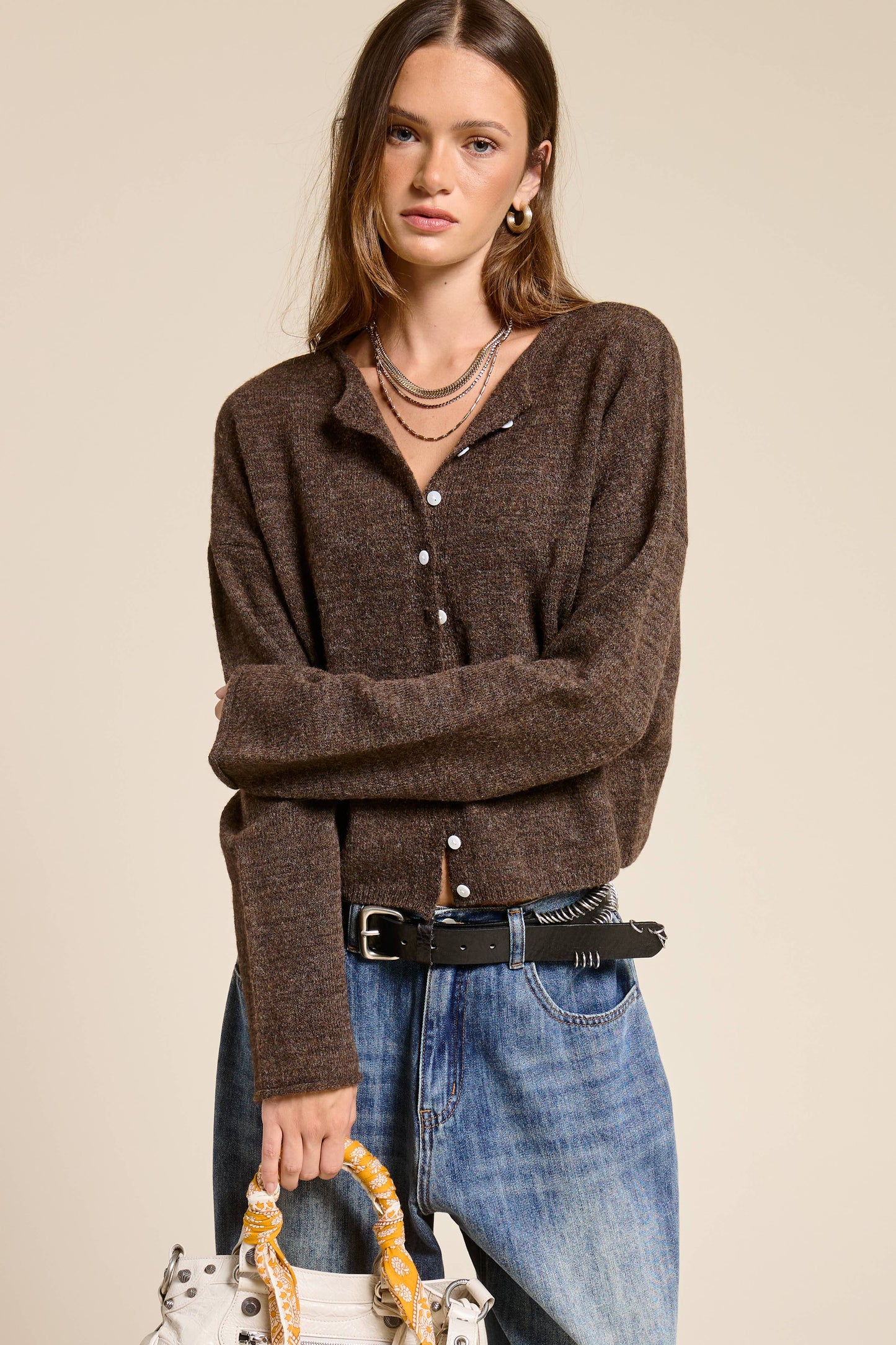 Essential Button Cardigan in Walnut