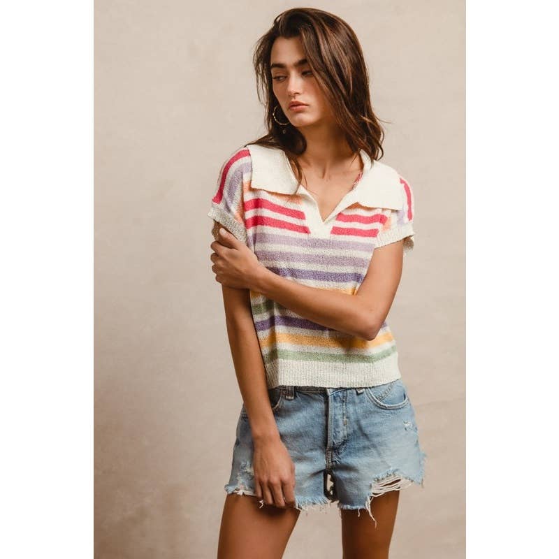 Multi-Striped Short Sleeve Top