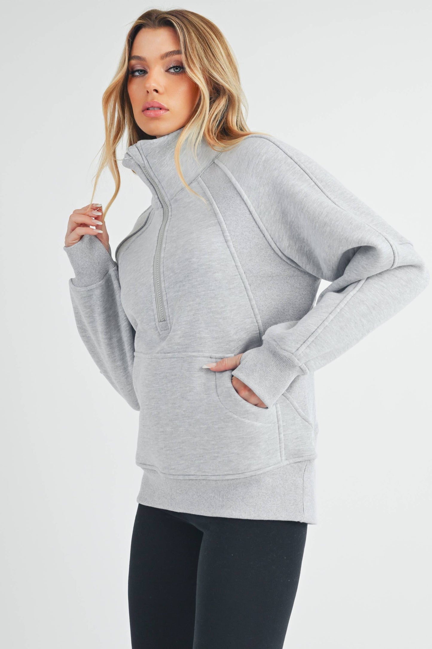 Funnel Neck Half Zip Pullover in Heather Grey