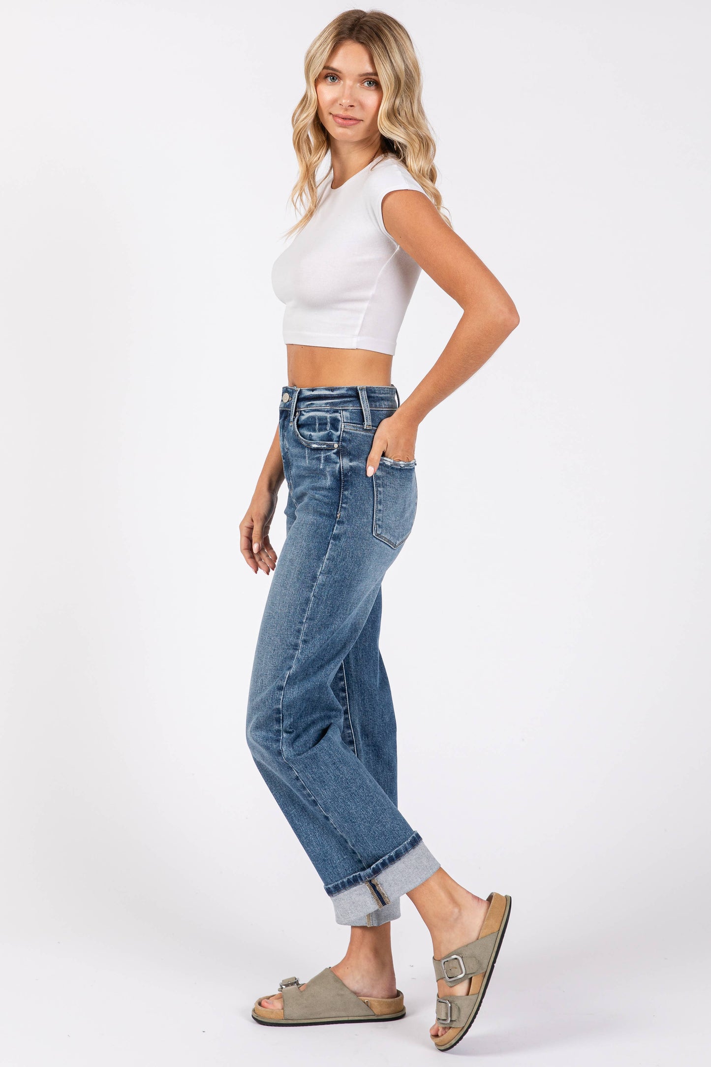 High Rise Stretch Relaxed Straight Denim w/ Cuffed Hem