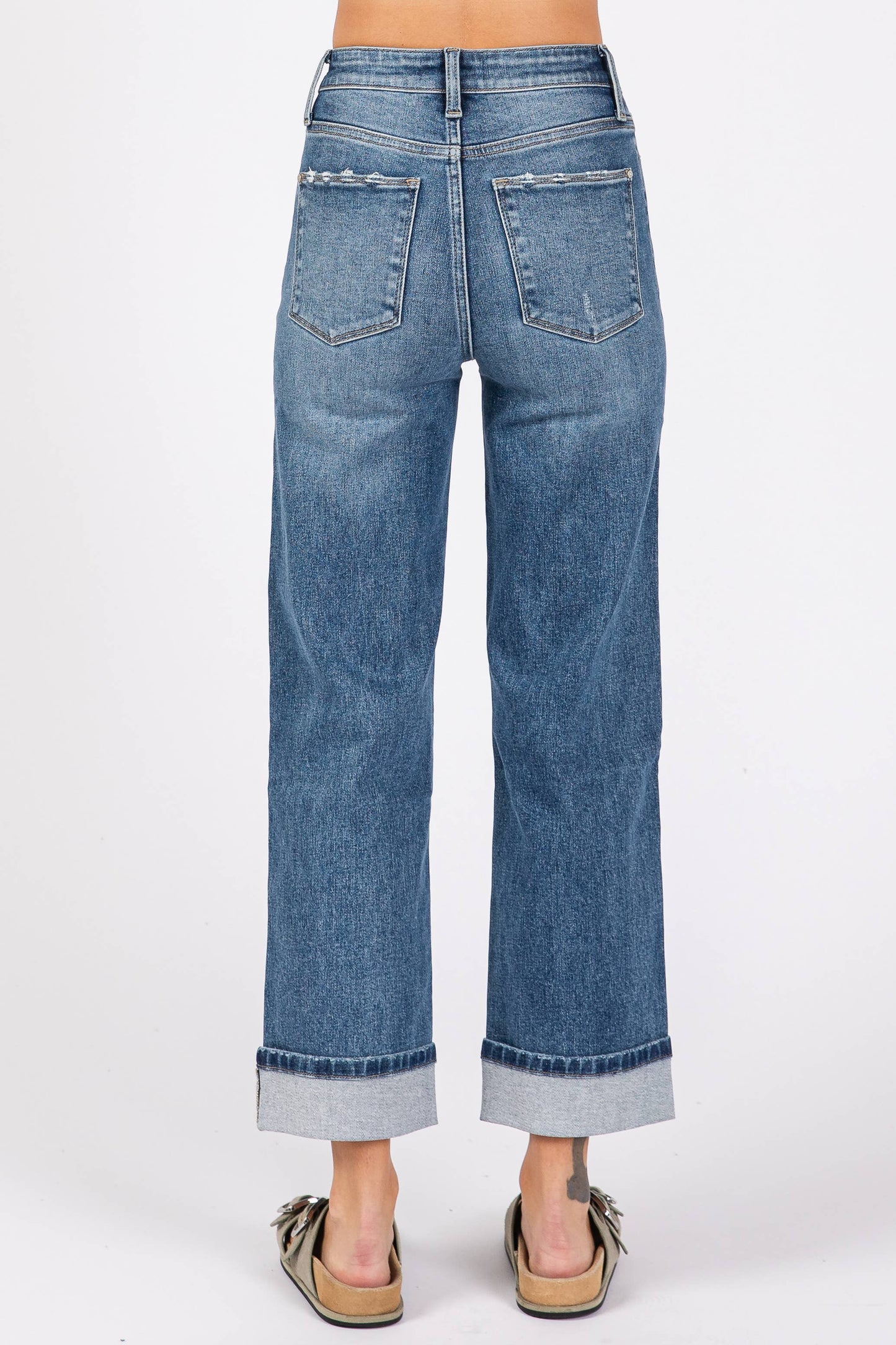High Rise Stretch Relaxed Straight Denim w/ Cuffed Hem