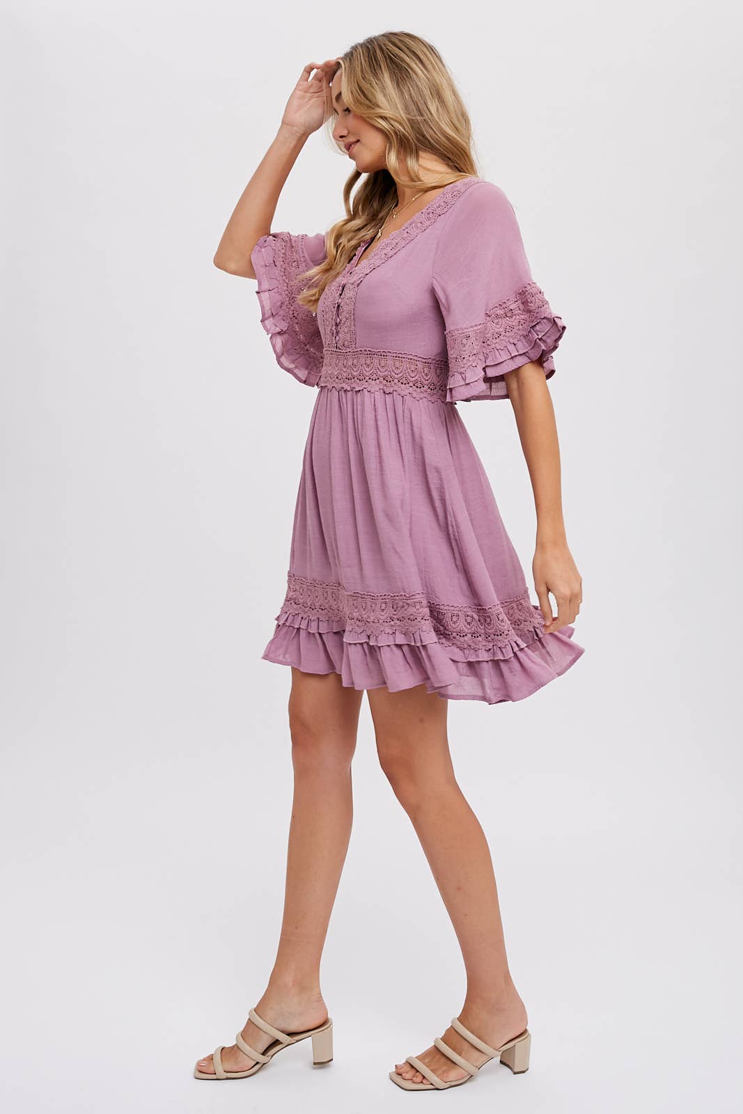 SMALL - V-Neck Lace Dress in Rose