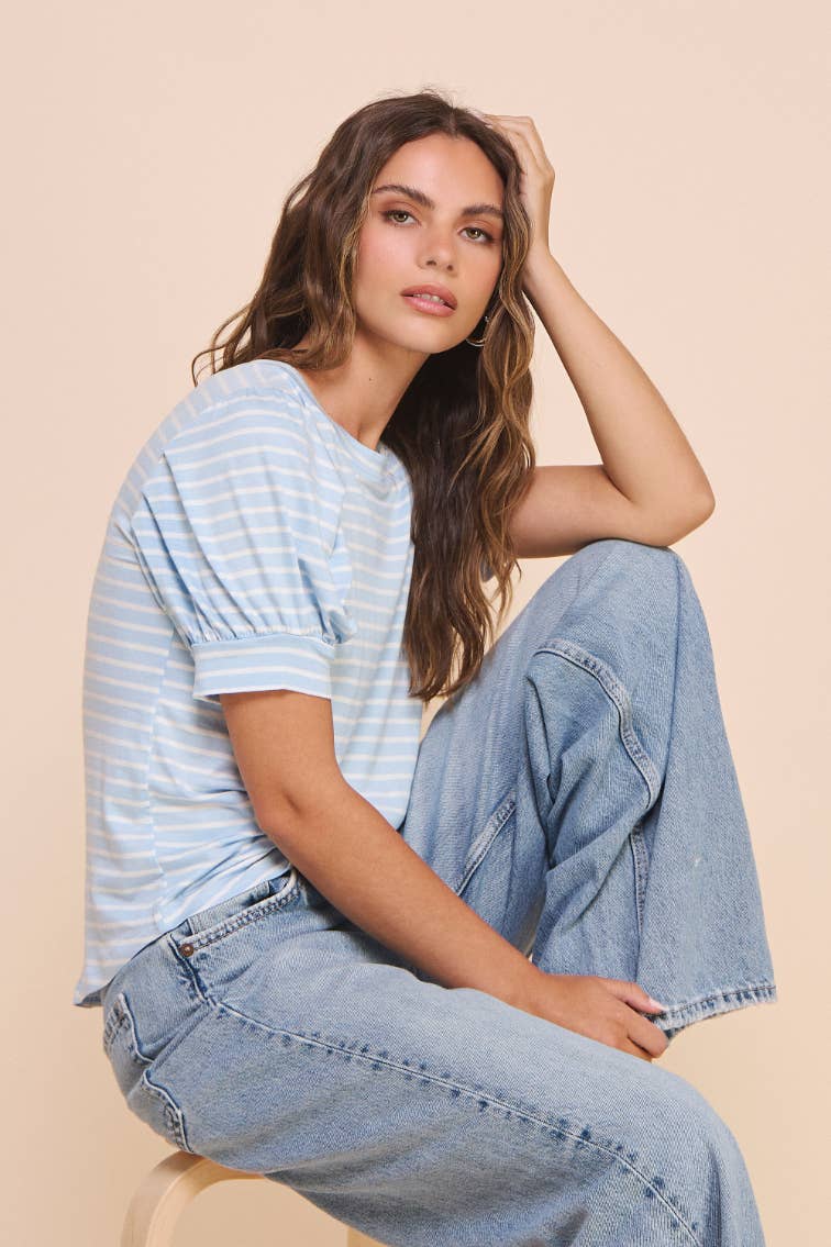 Puff Sleeve Top in Blue Ivory