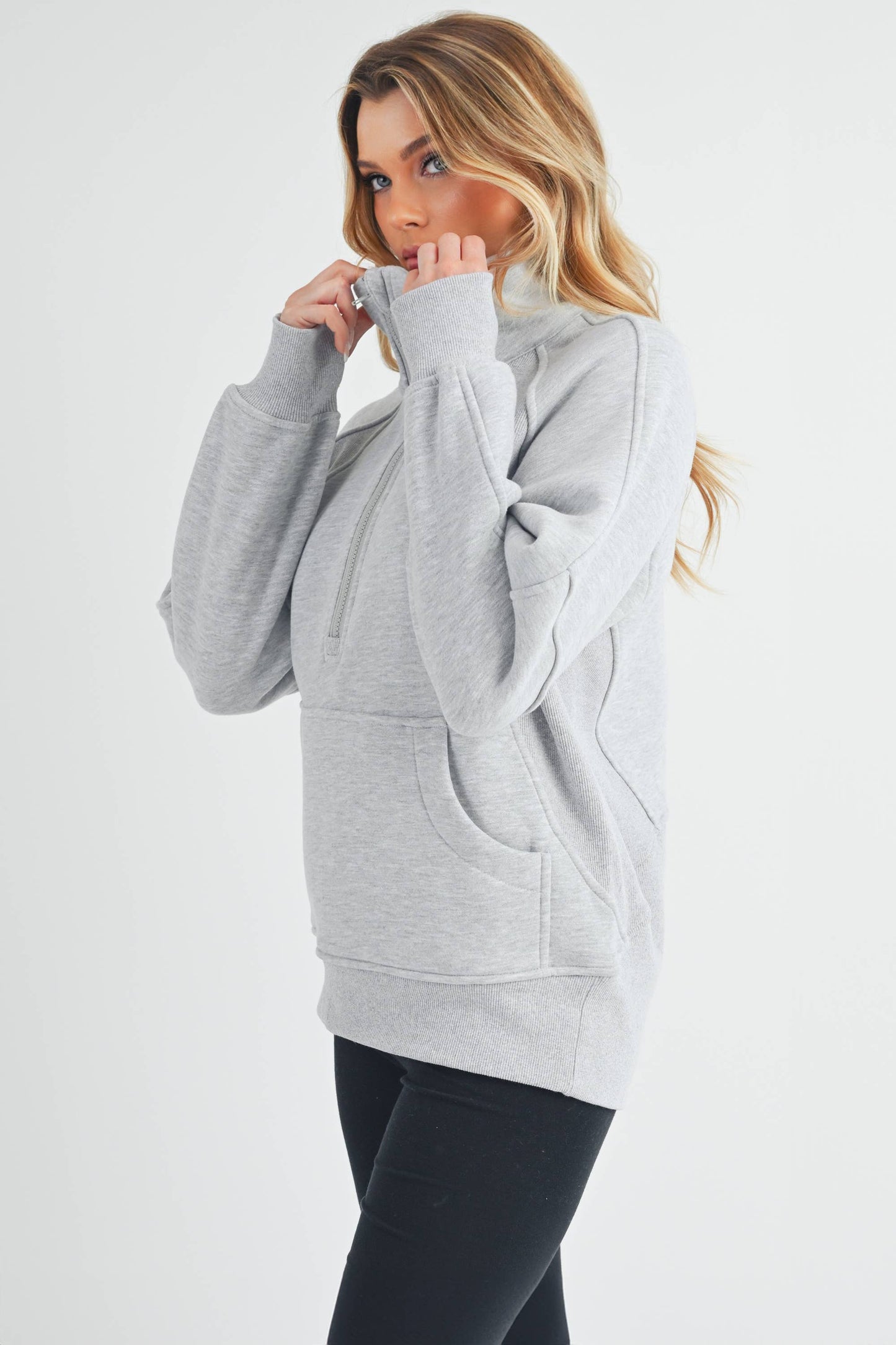 Funnel Neck Half Zip Pullover in Heather Grey
