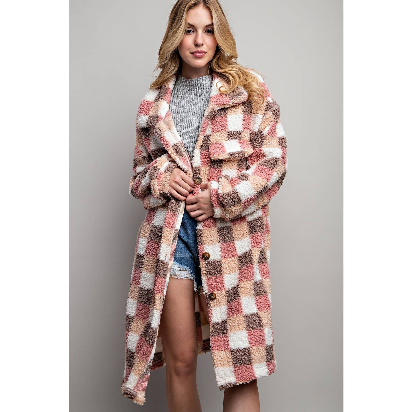Long Plaid Teddy Oversize Jacket in Pink