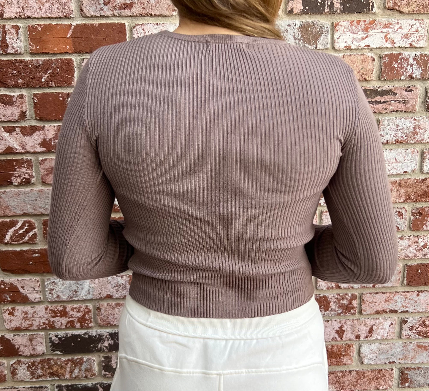LARGE - Fitted Ribbed Long Sleeve in Dark Taupe
