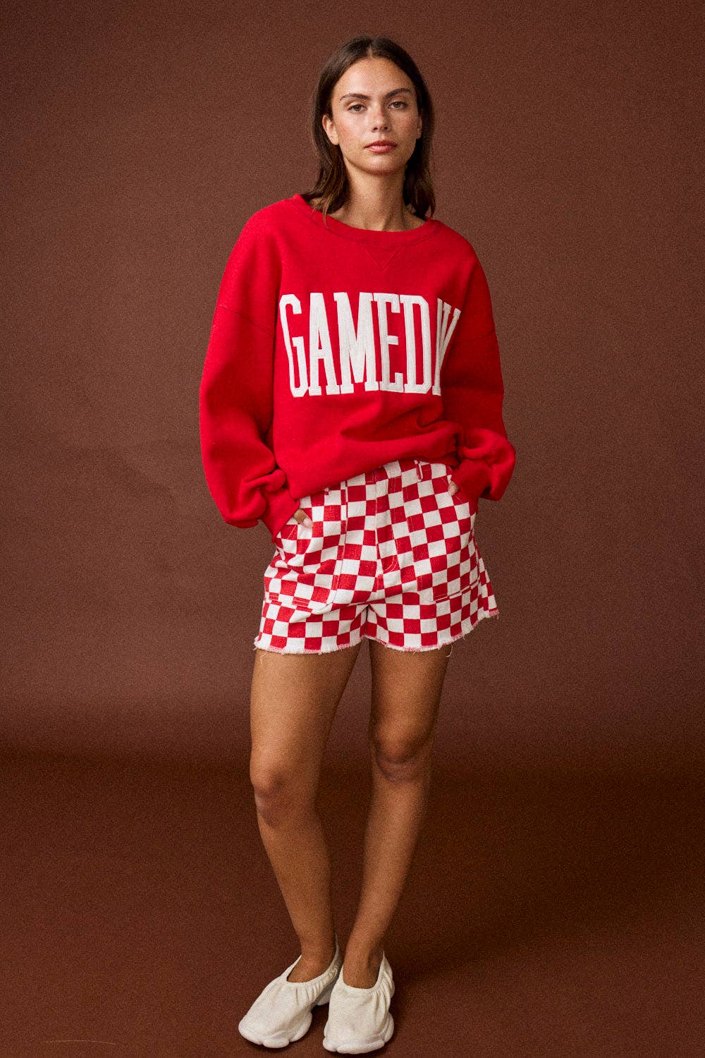 Checkered Denim Shorts in Red