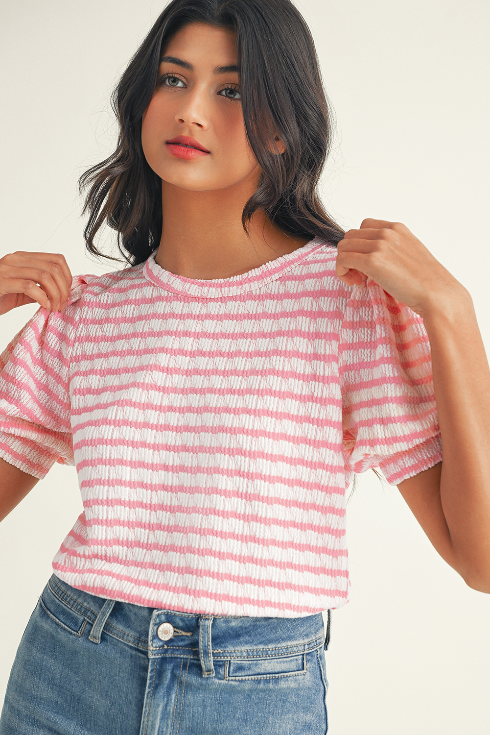 Textured Puff Sleeve Top in Pink