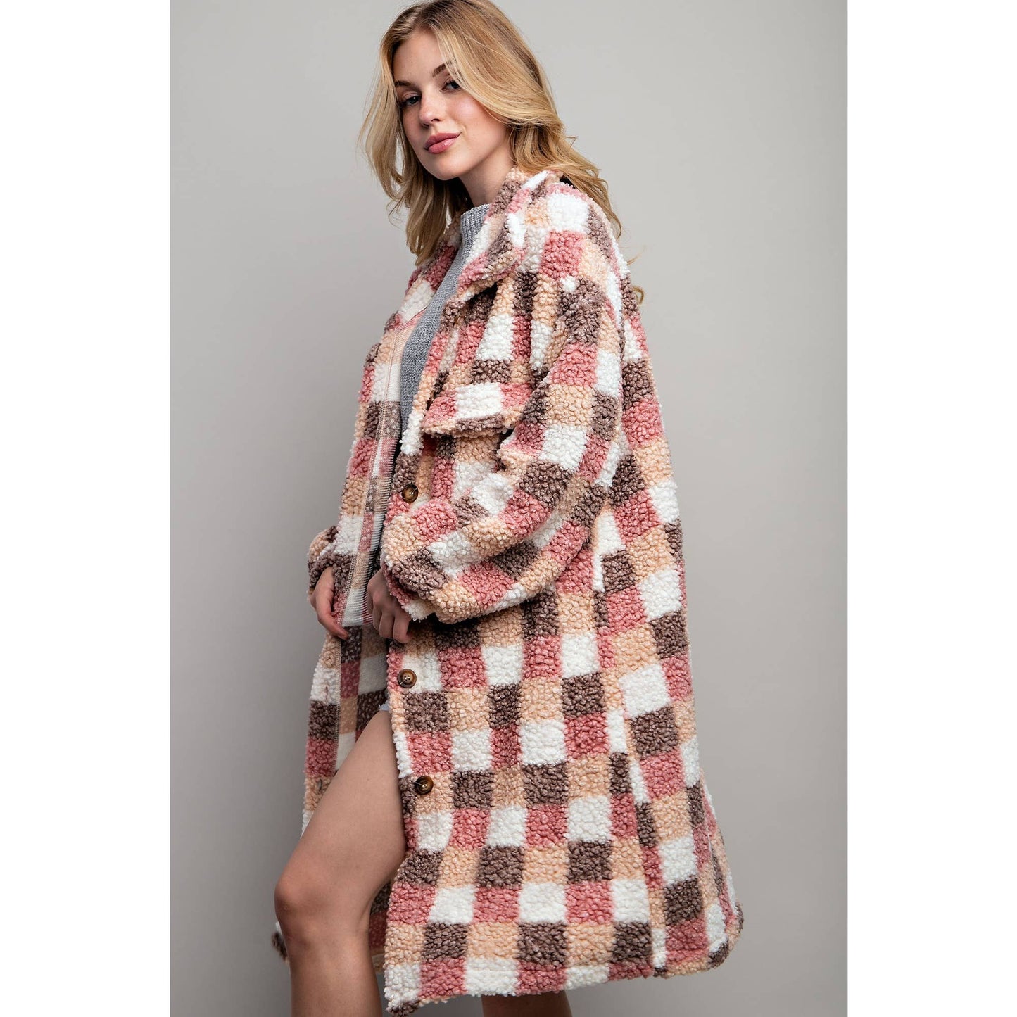 Long Plaid Teddy Oversize Jacket in Pink