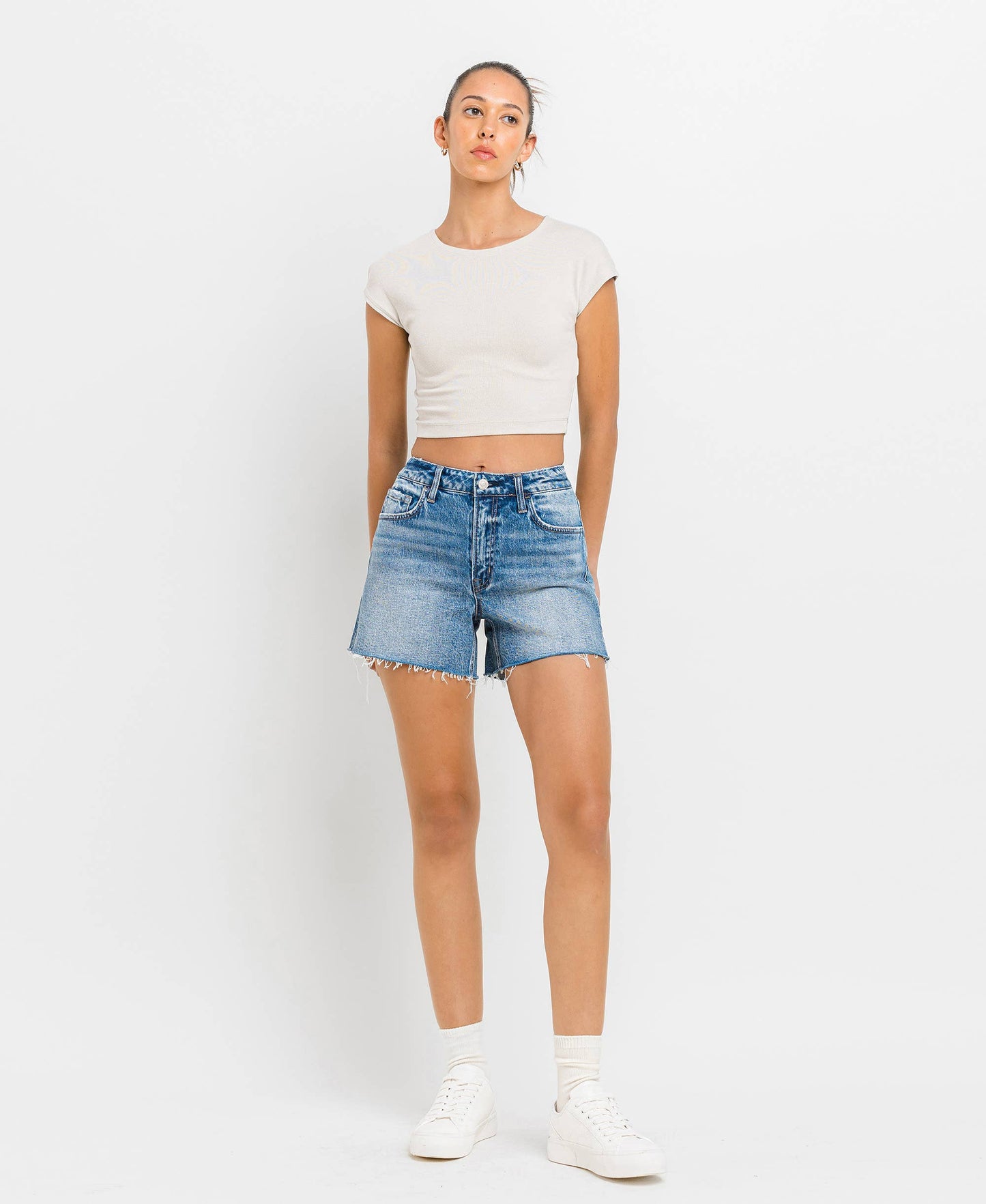 High Rise A Line Denim Shorts