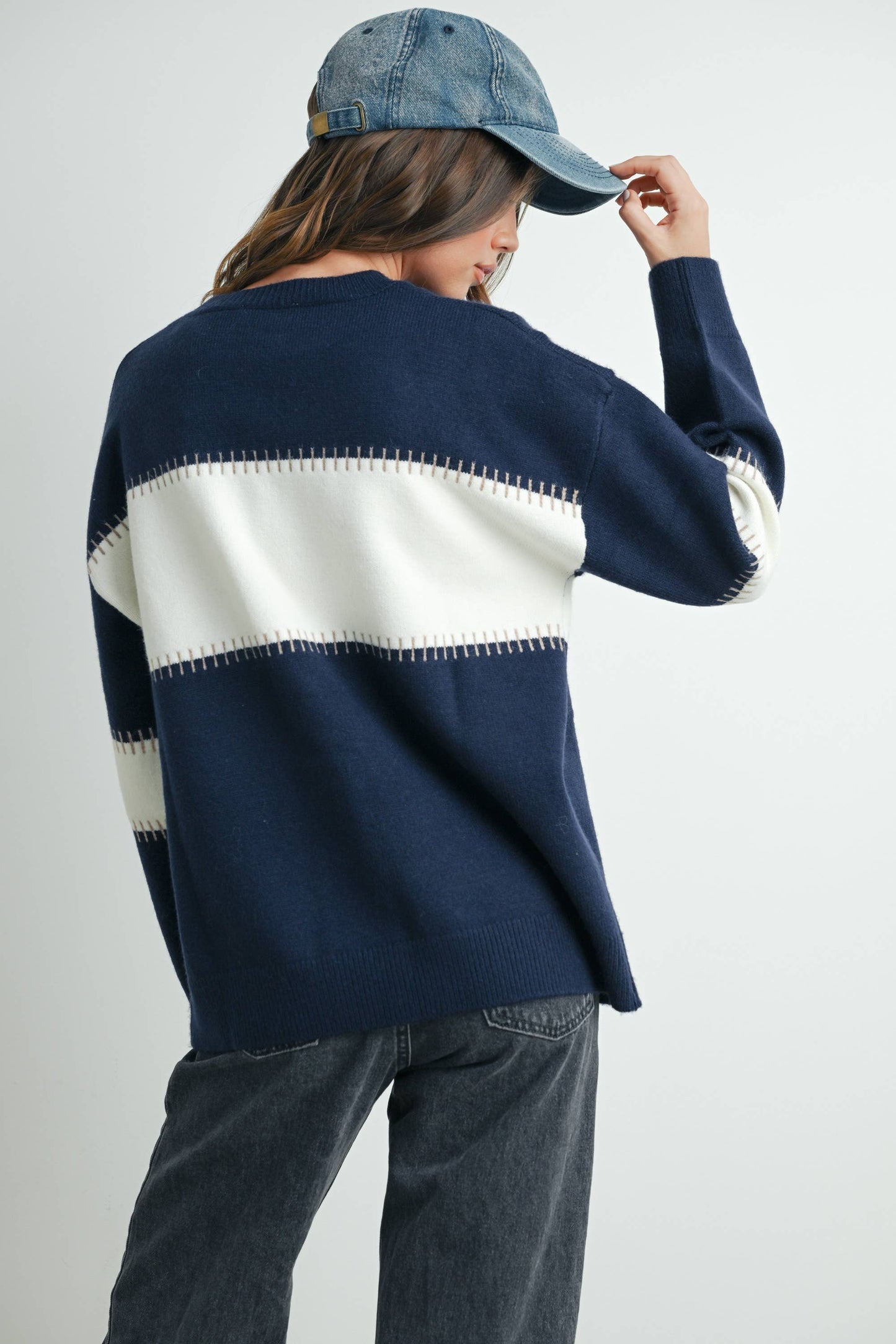 Colorblock Striped Sweater in Navy