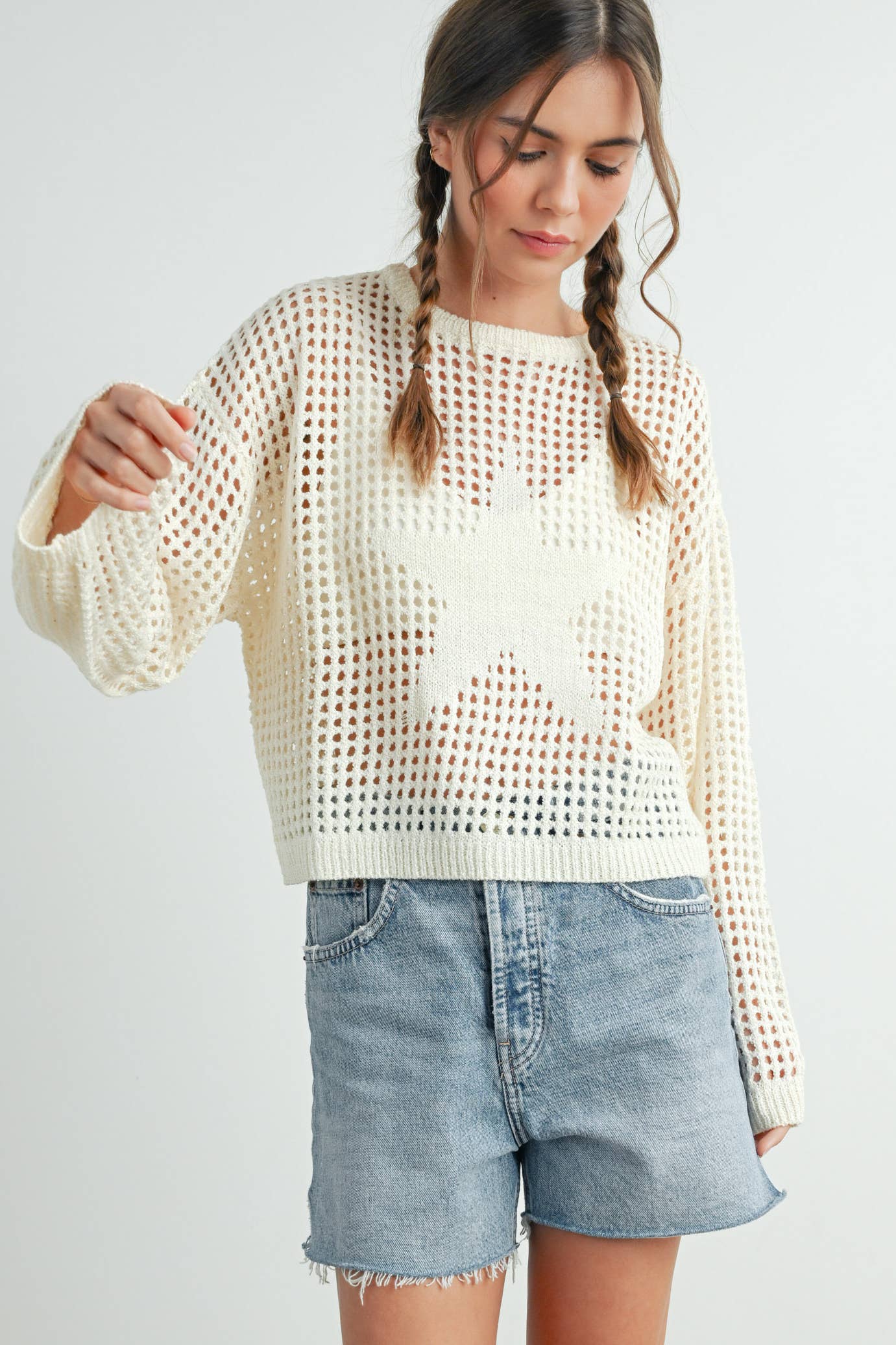 Crew Neck Crochet Sweater in Ivory