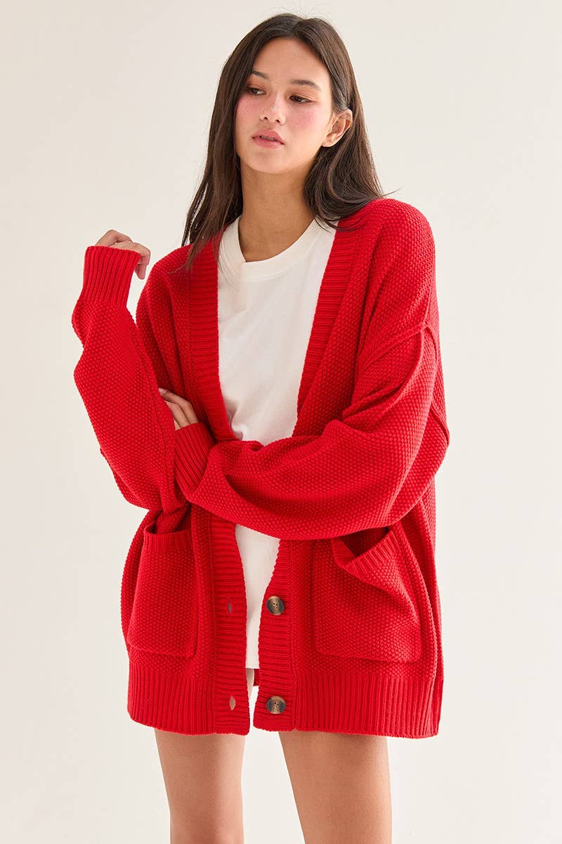 Button Oversized Cardigan in Red