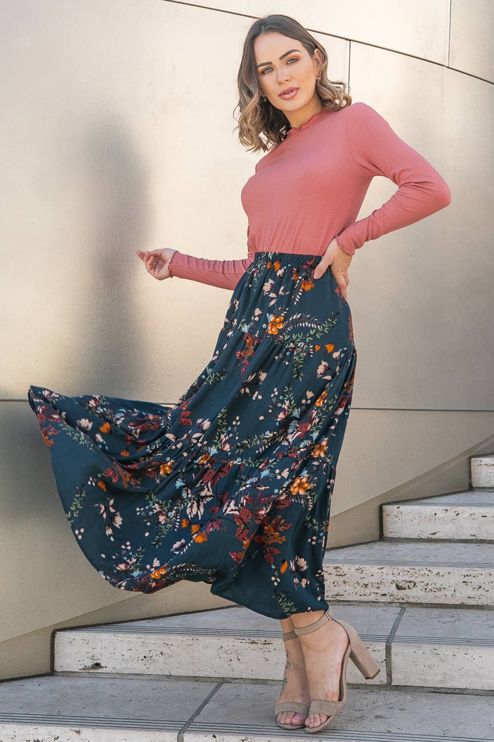 Three Layered Floral Skirt in Teal