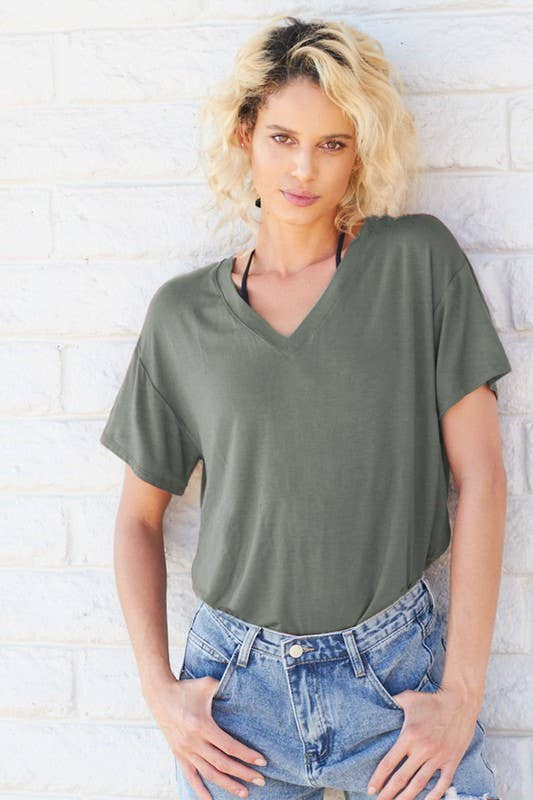 V Neck Soft Touched Basic Tee in Olive