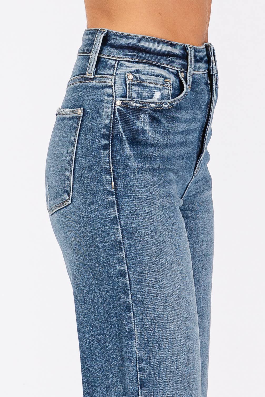 High Rise Stretch Relaxed Straight Denim w/ Cuffed Hem