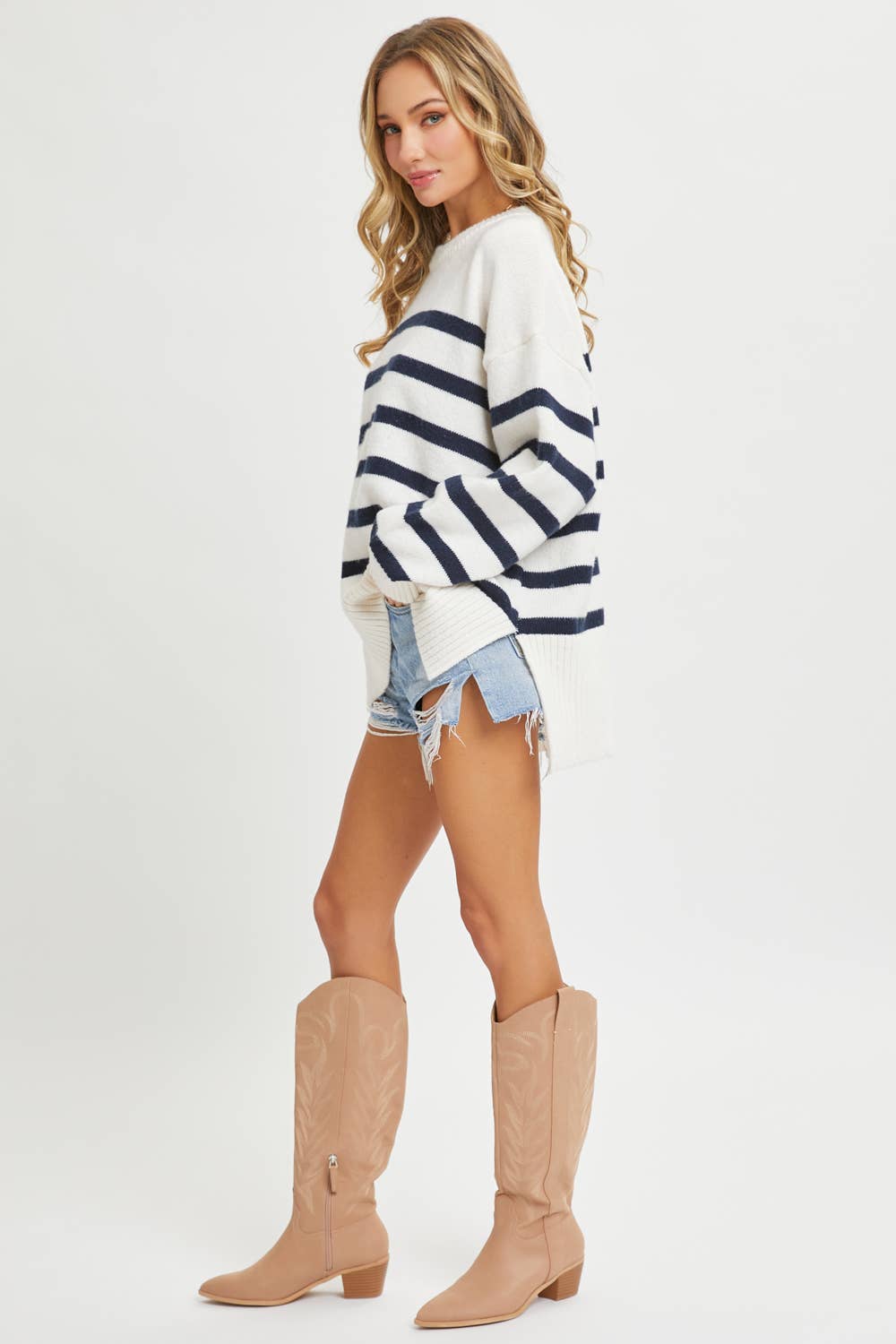 Striped Pullover Sweater in Cream/Navy