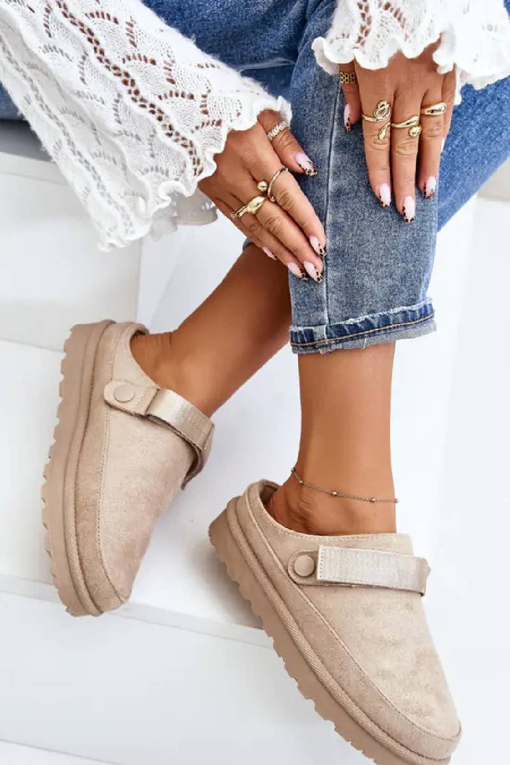 Faux Fur Lined Slip on Mules in Beige