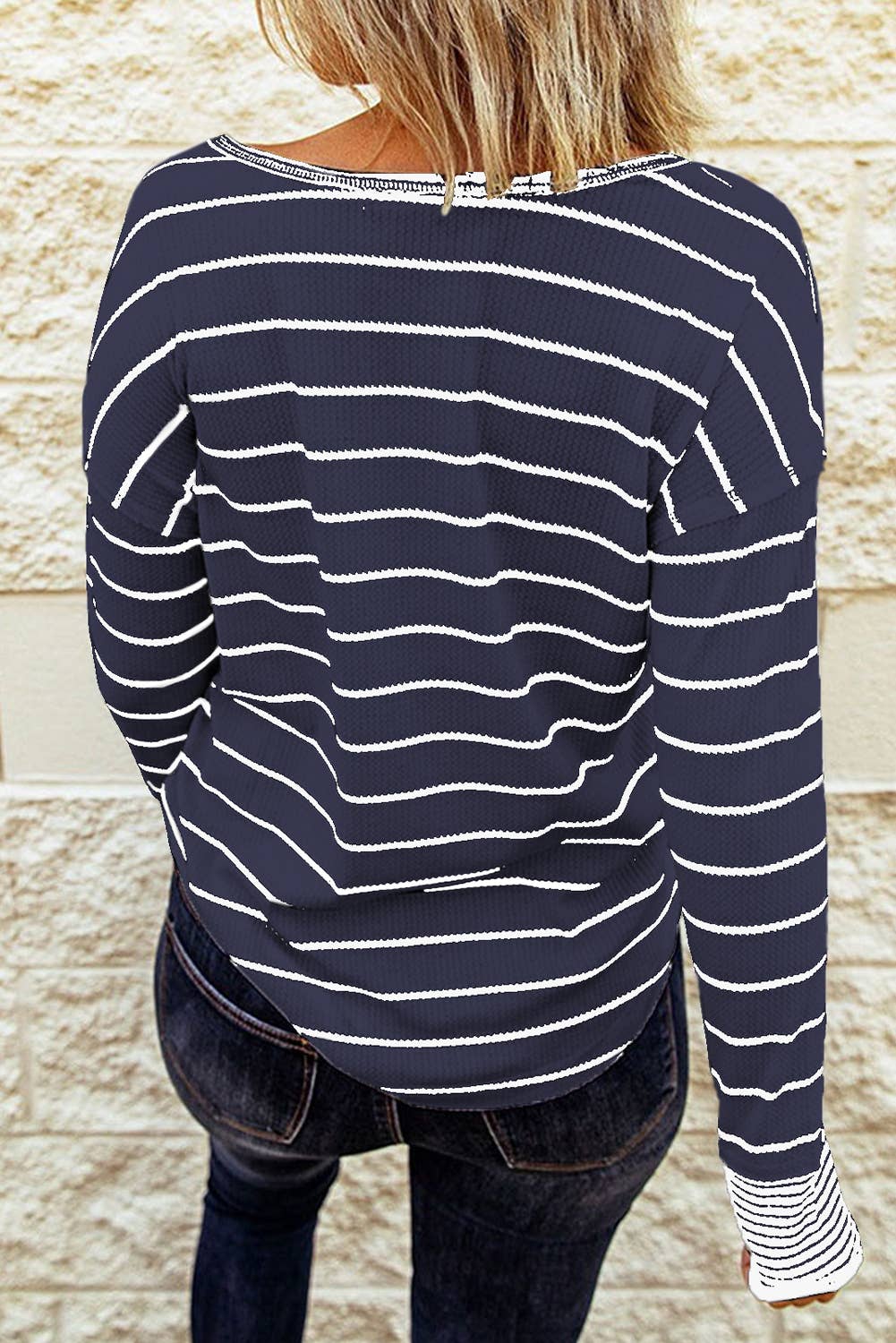 Striped Waffle Button Top in Navy