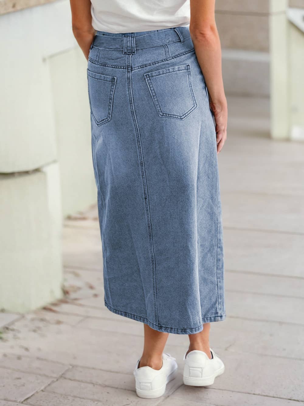 High Waist Midi Denim Skirt in Light Wash
