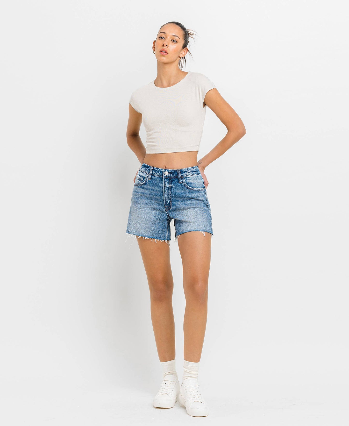 High Rise A Line Denim Shorts
