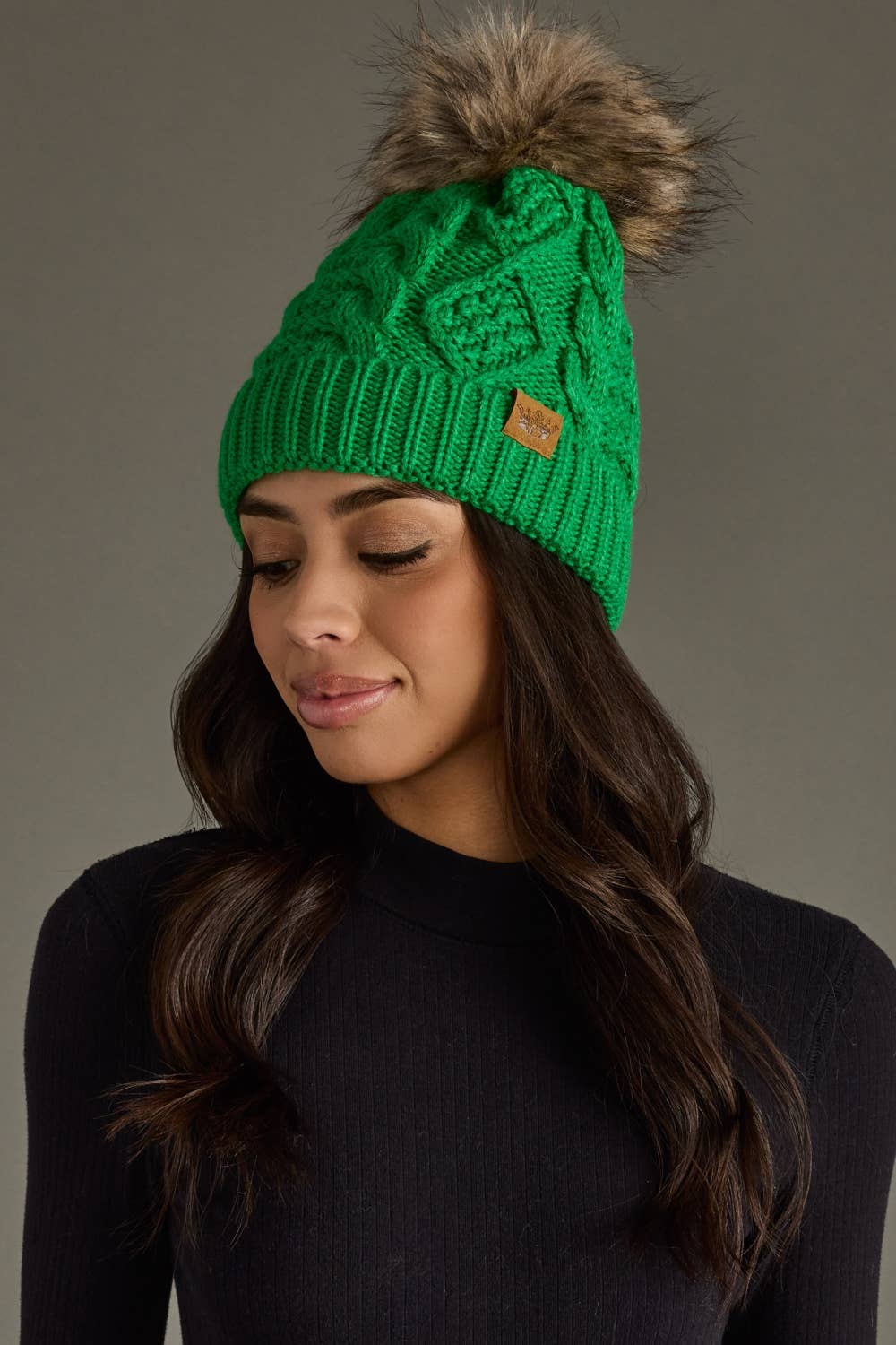 Bright Green Cable Knit Pom Hat