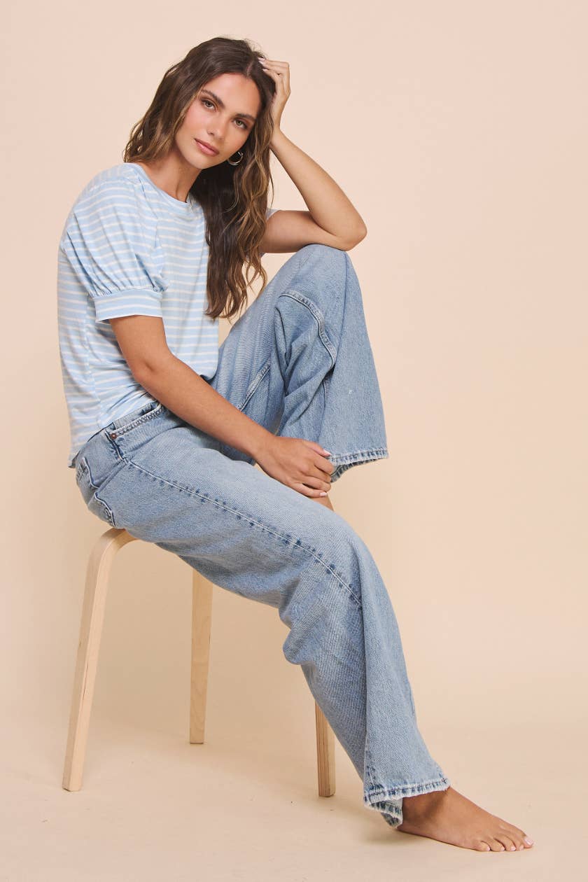 Puff Sleeve Top in Blue Ivory