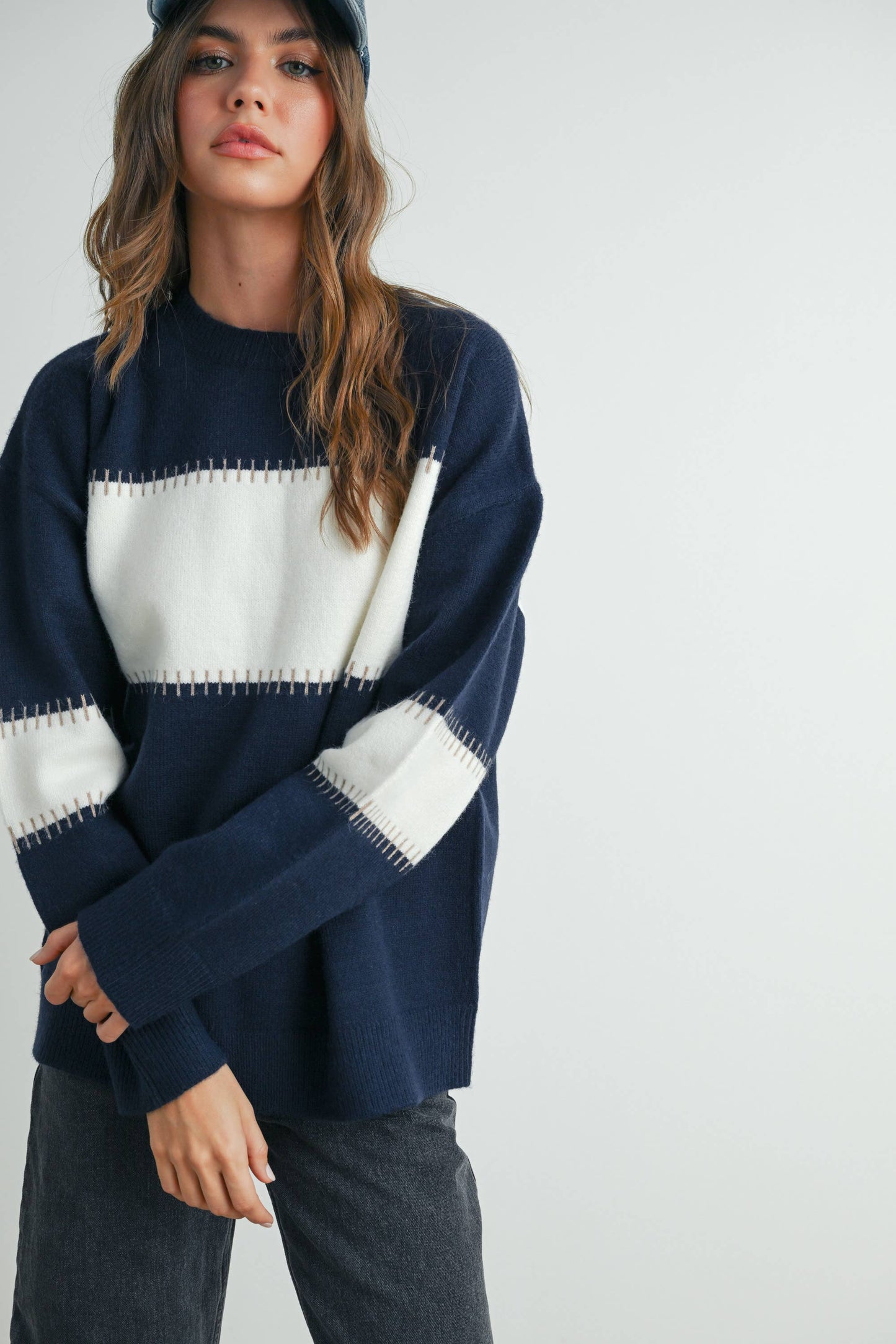 Colorblock Striped Sweater in Navy