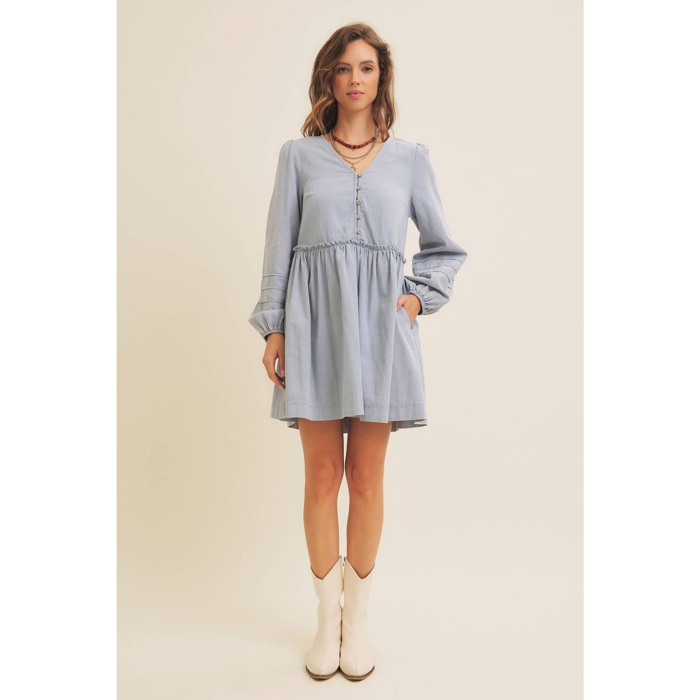 Button Down Mini Dress in Vintage Blue