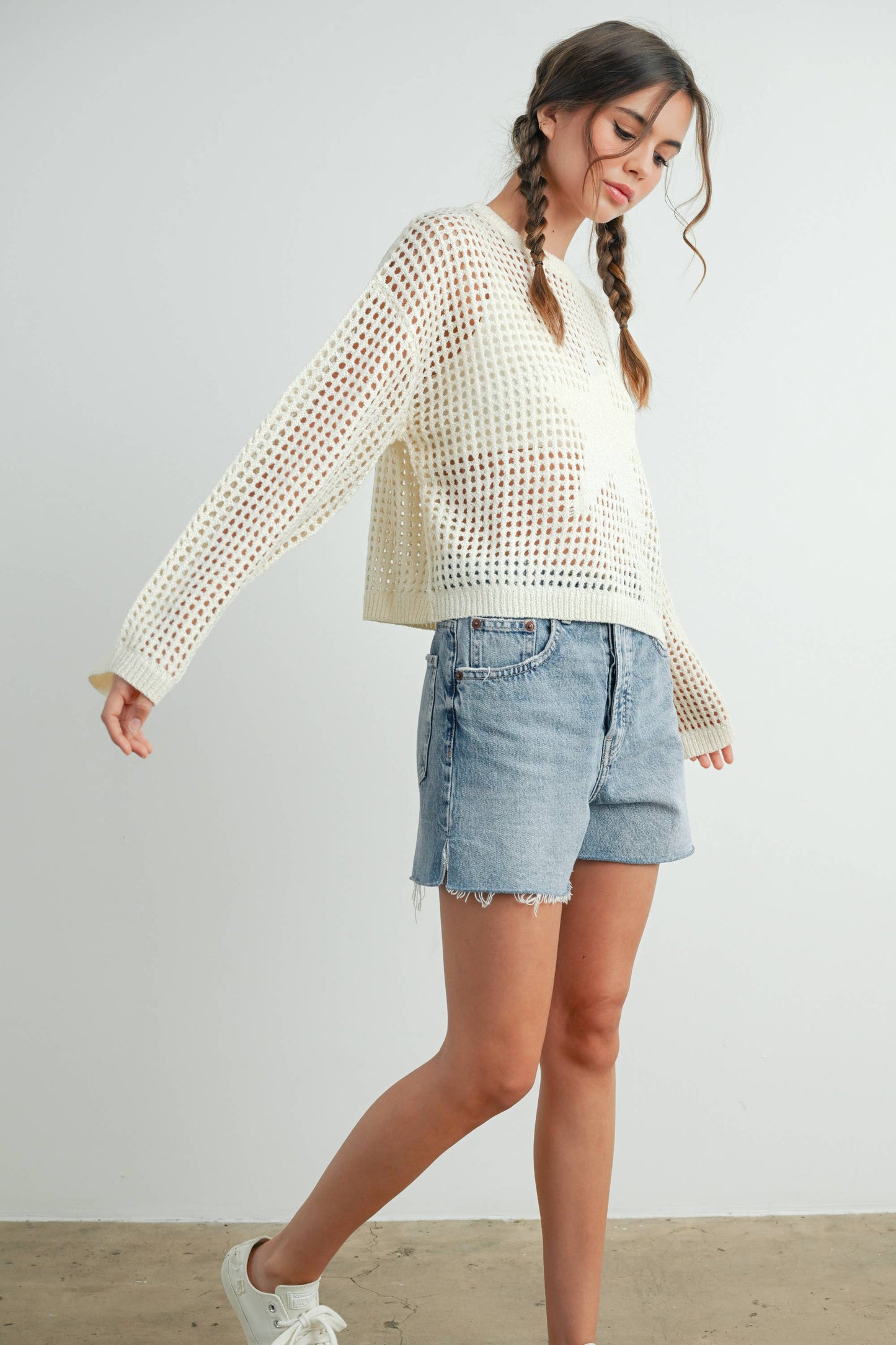 Crew Neck Crochet Sweater in Ivory
