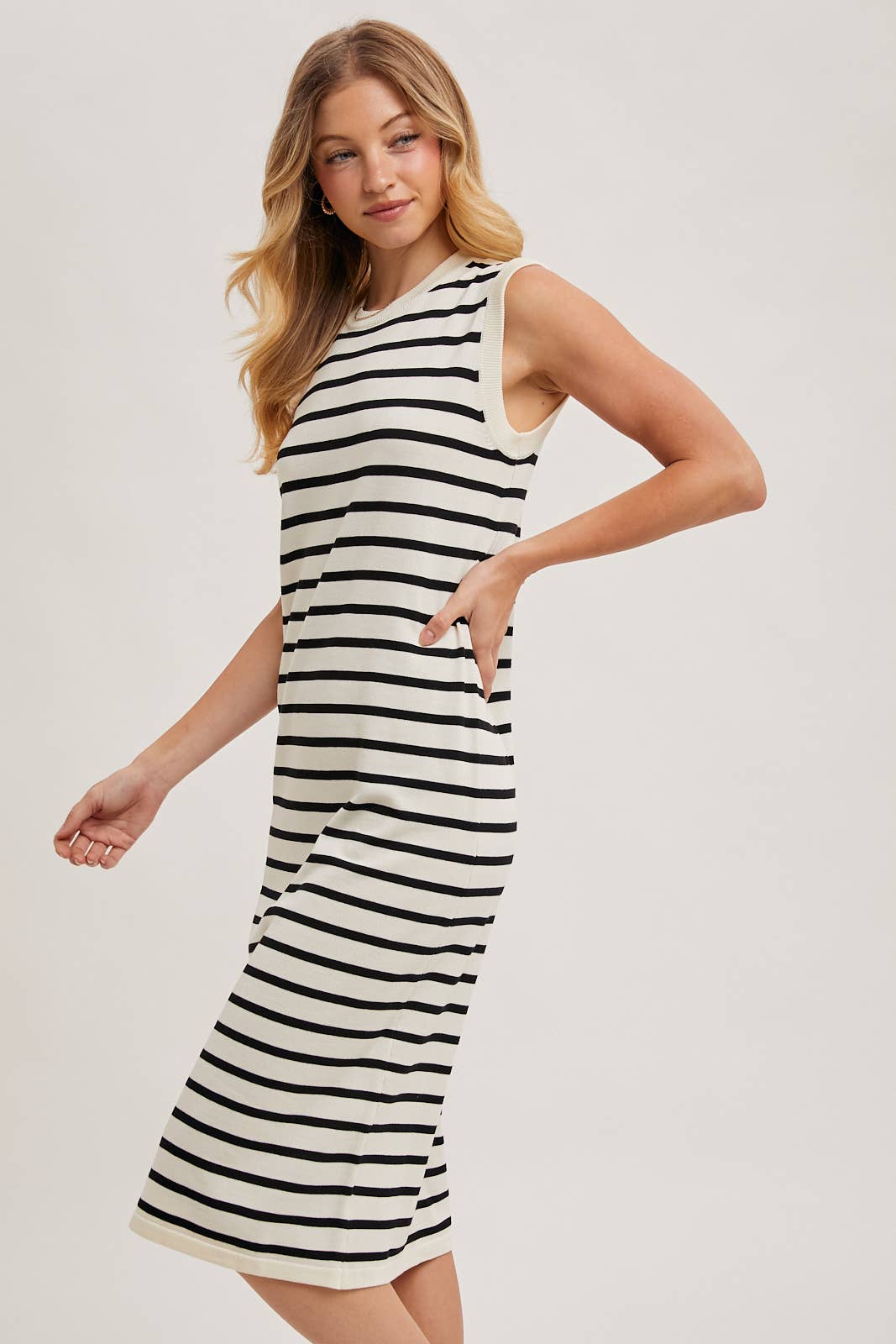 Sleeveless Striped Midi Dress in Ivory