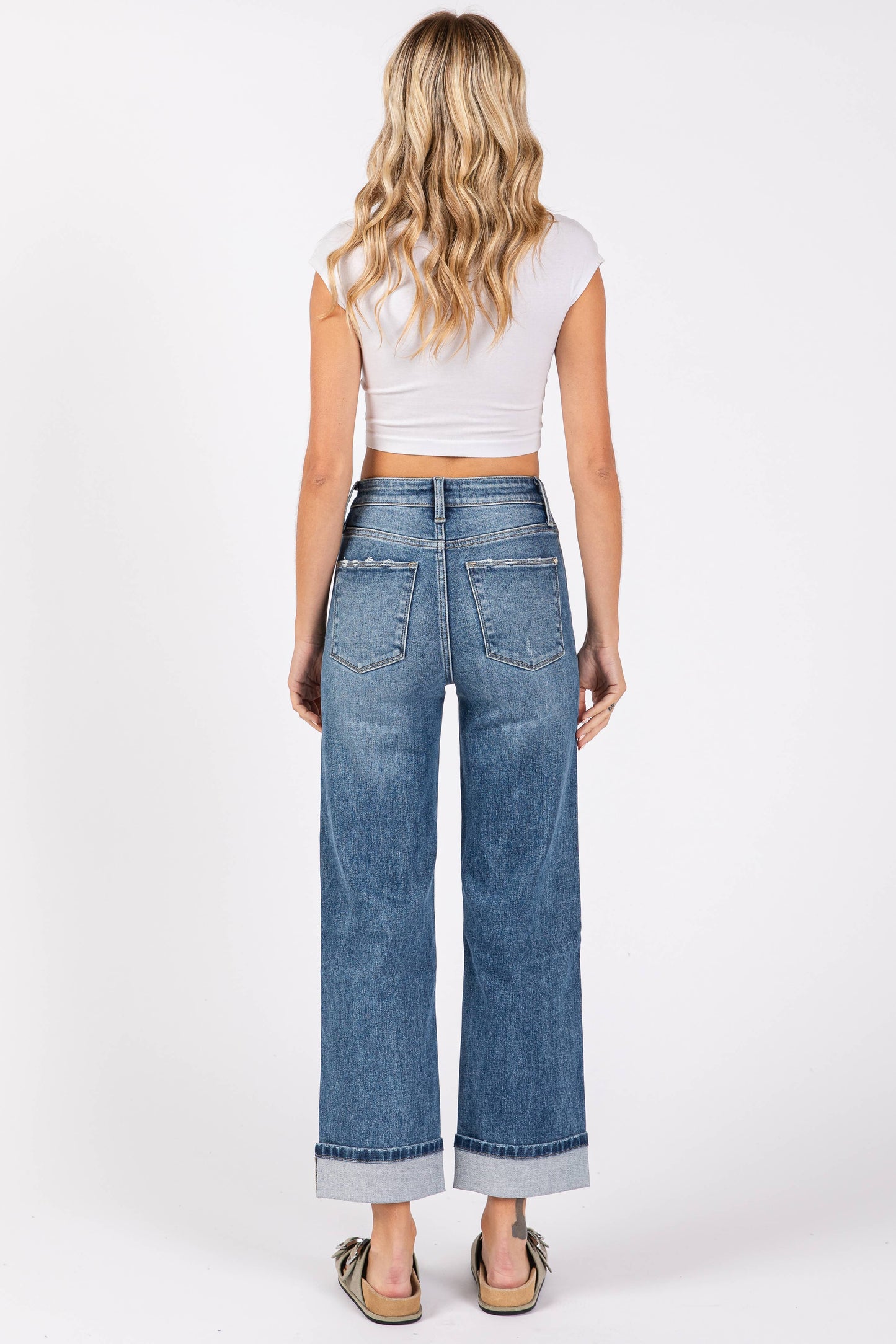 High Rise Stretch Relaxed Straight Denim w/ Cuffed Hem