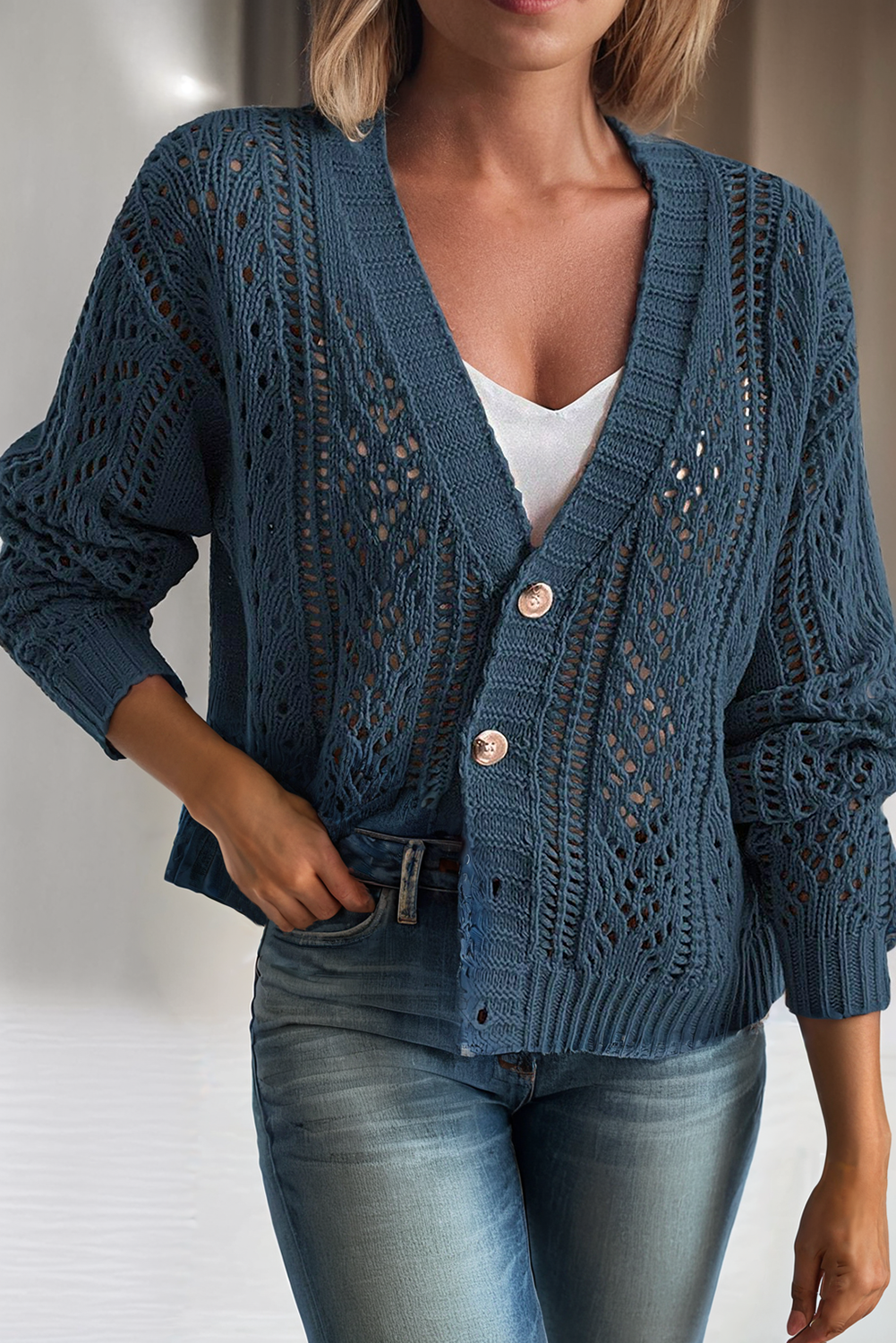 Open Knit Drop Shoulder Cardigan in Teal