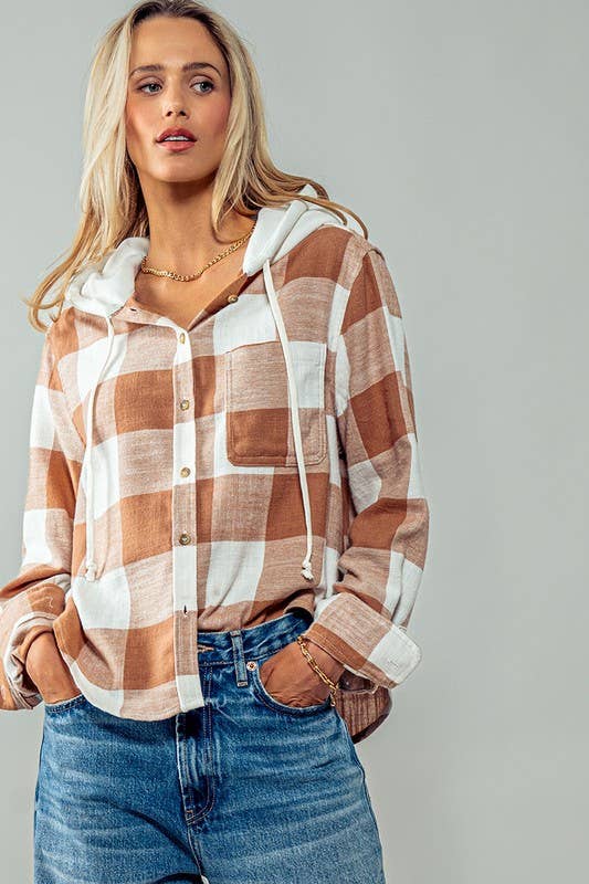 Hooded Gingham Flannel in Camel
