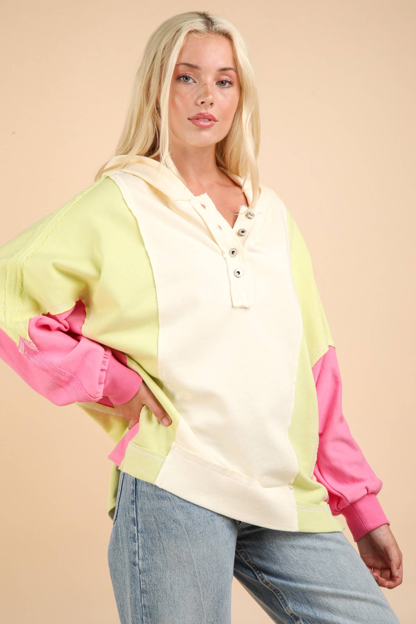 Colorblock Dolman Hoodie in Ivory