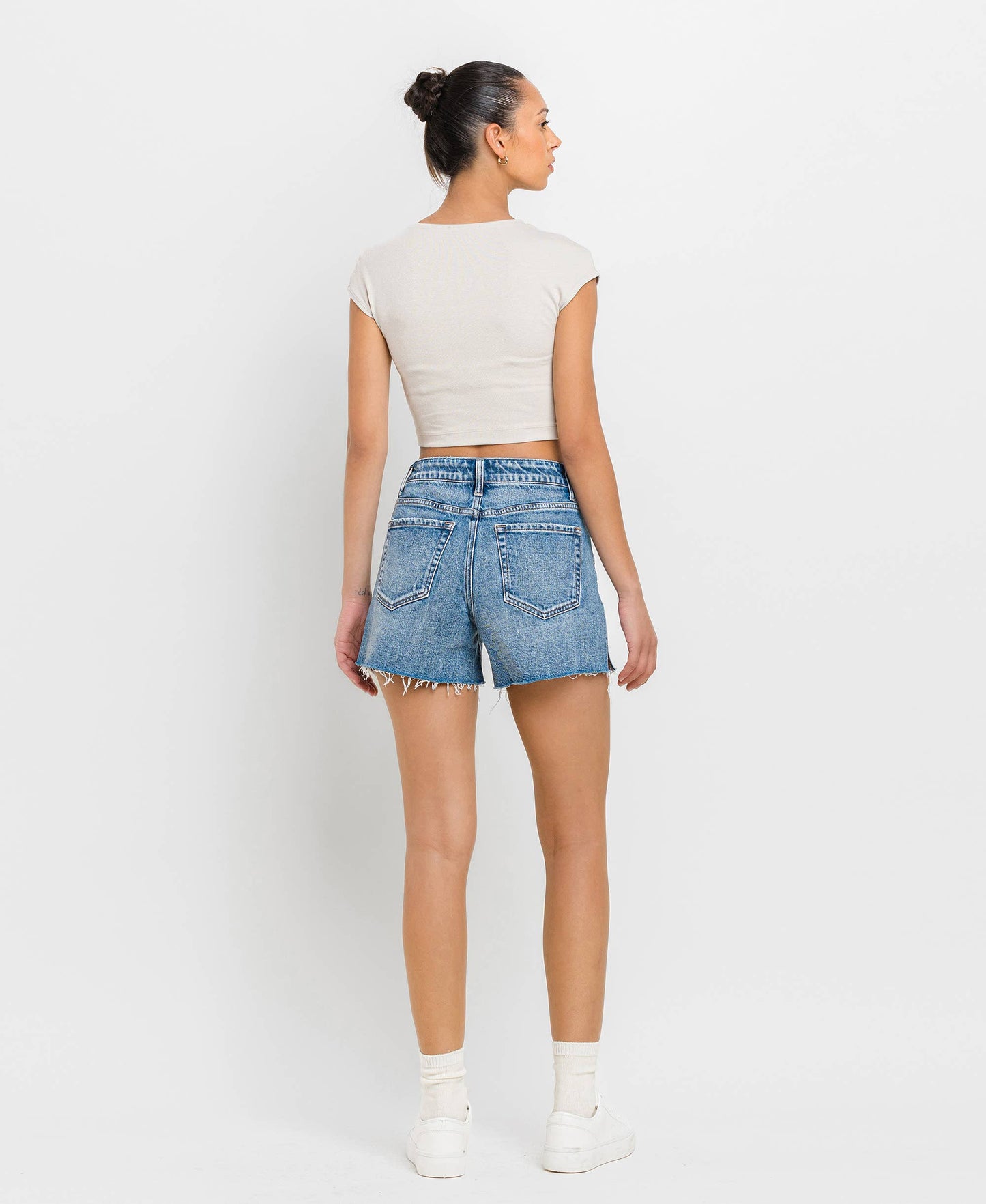 High Rise A Line Denim Shorts