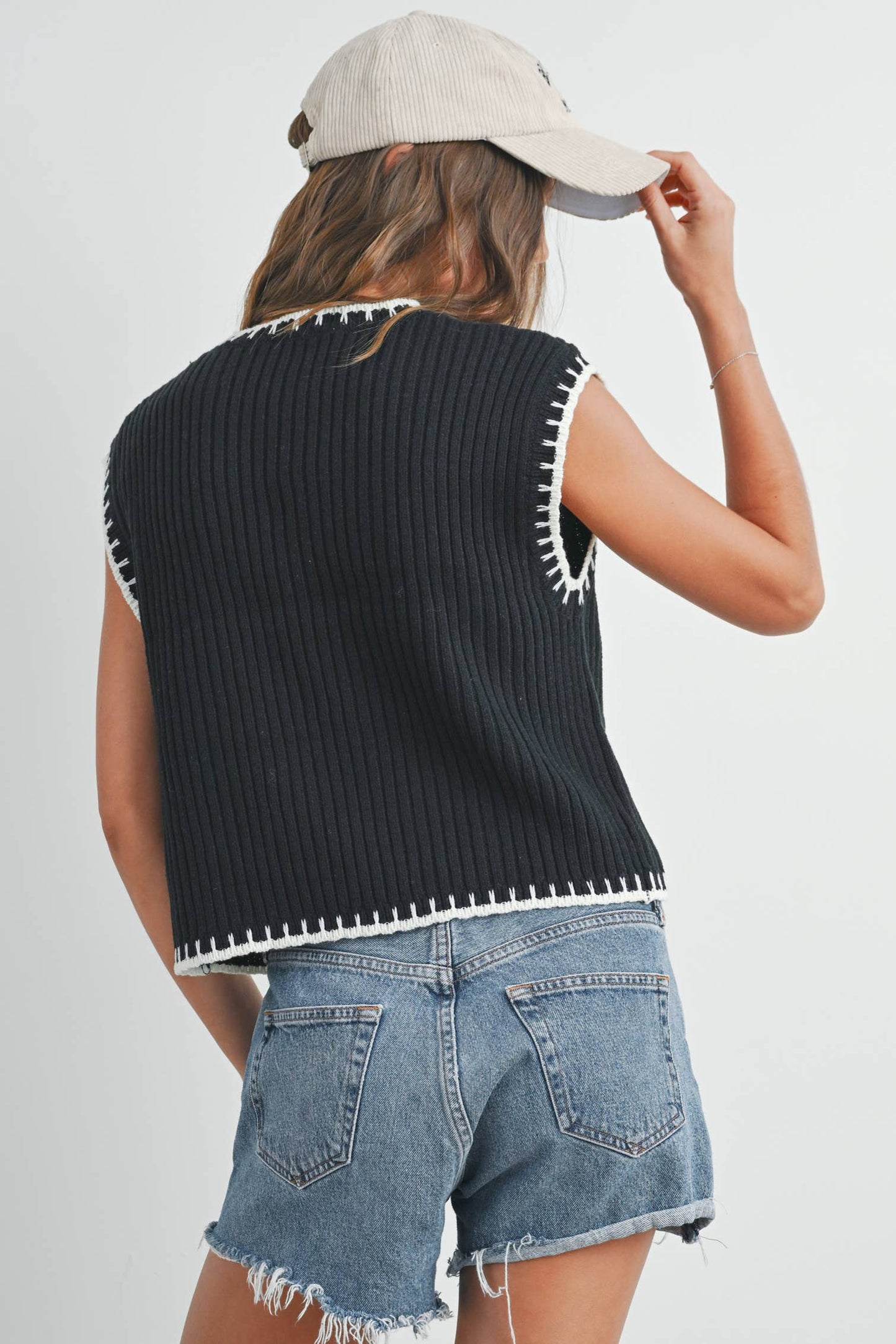 Solid Cap Sleeve Sweater Vest in Black