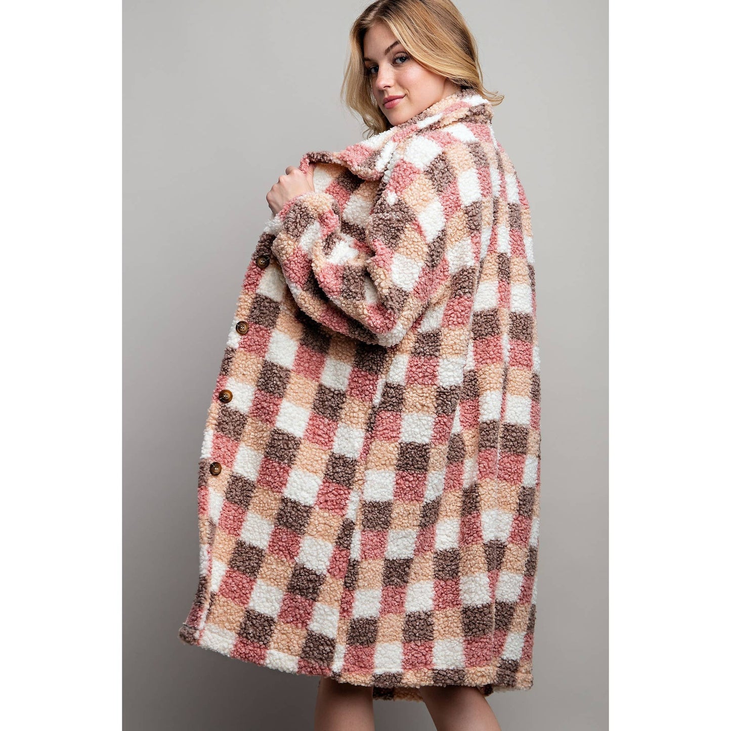 Long Plaid Teddy Oversize Jacket in Pink