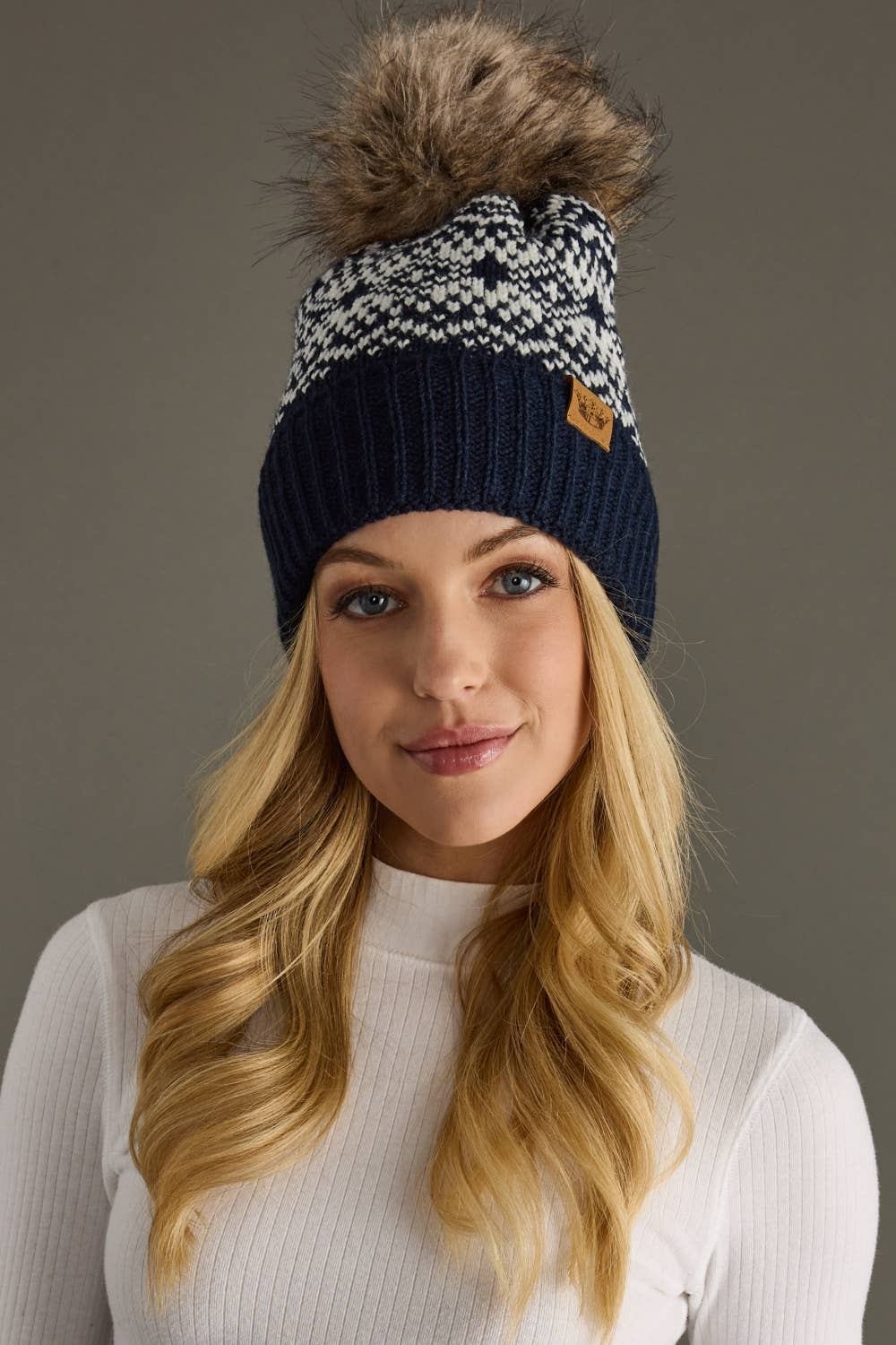 Dark Navy & White Patterned Pom Hat
