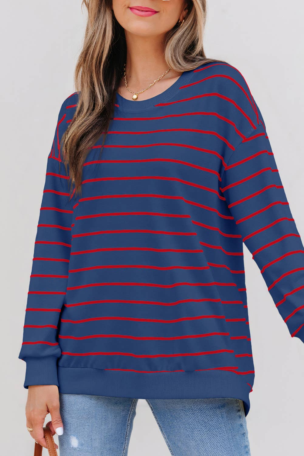 Striped Overlap Loose Pullover in Blue