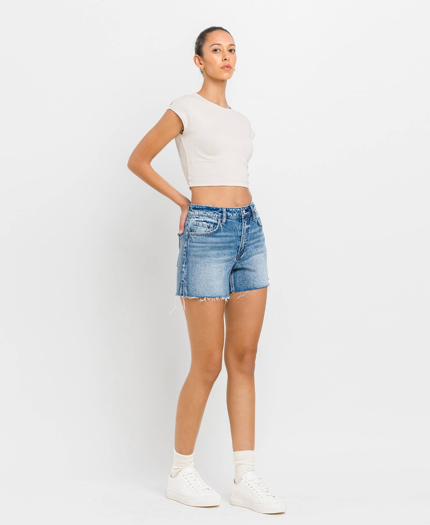 High Rise A Line Denim Shorts