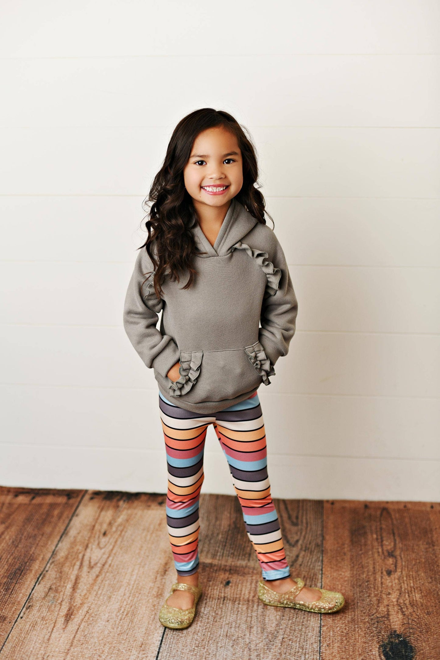 Kids Ruffle Hoodie & Rainbow Stripe Leggings Set