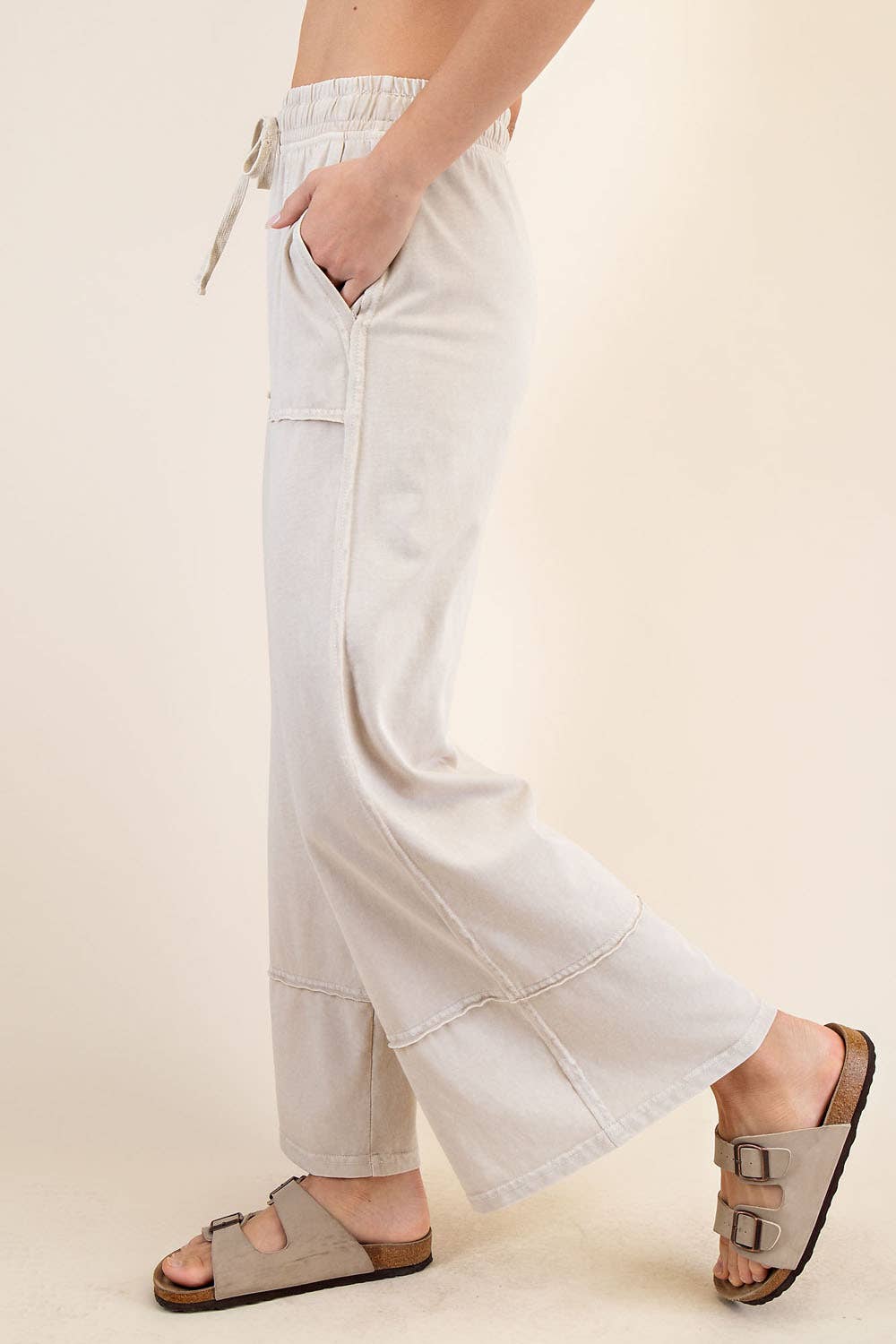 Mineral Washed Wide Leg Pants in Light Taupe