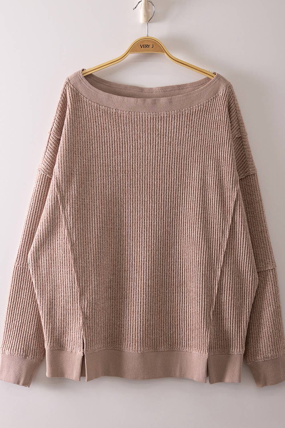 Boat Neck Waffle Top in Mocha